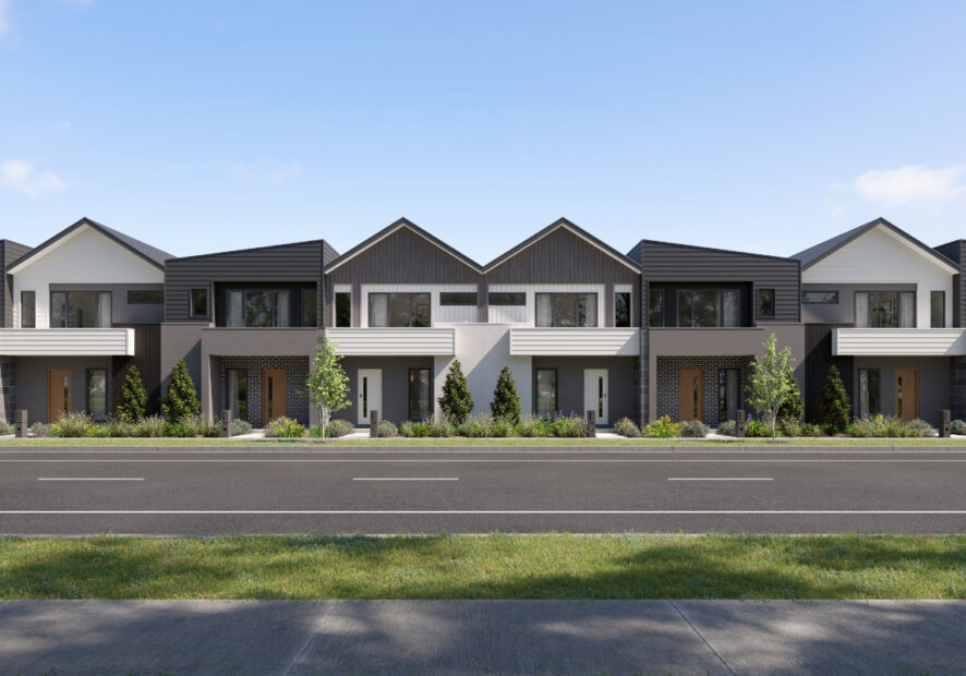 6 townhomes, blue sky, green trees